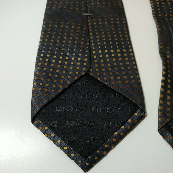 DKNY 100% Silk Tie Necktie Men Gray Gold Brown Geometric Squares 57.5 x 3.5 inch - Picture 7 of 8